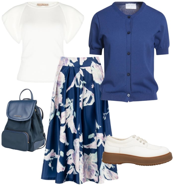 Outfit donna - Blu e fiori. per Tutti i giorni. Abbinamento con cardigans, zaini, scarpe stringate, gonne longuette, t-shirt.