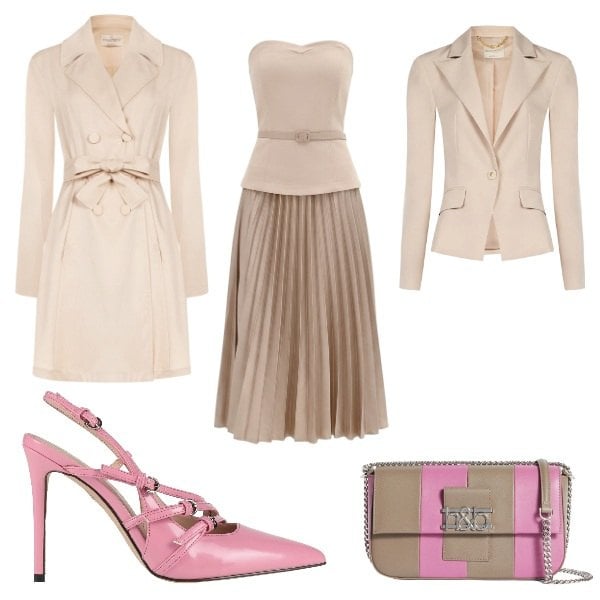 Outfit donna - Aria di primavera. Stile Chic per Serata fuori. Abbinamento con décolleté, borse a spalla, vestiti midi/longuette, trench, blazer.