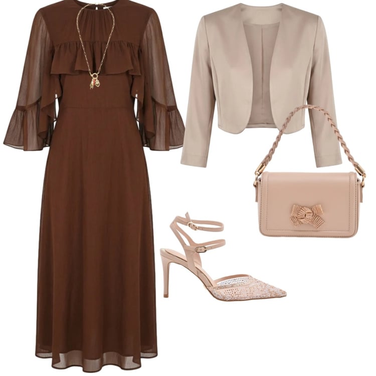 Outfit donna - Cerimonia in marrone. per Cerimonia. Abbinamento con pochette, décolleté, bolero, vestiti midi/longuette, ciondoli.
