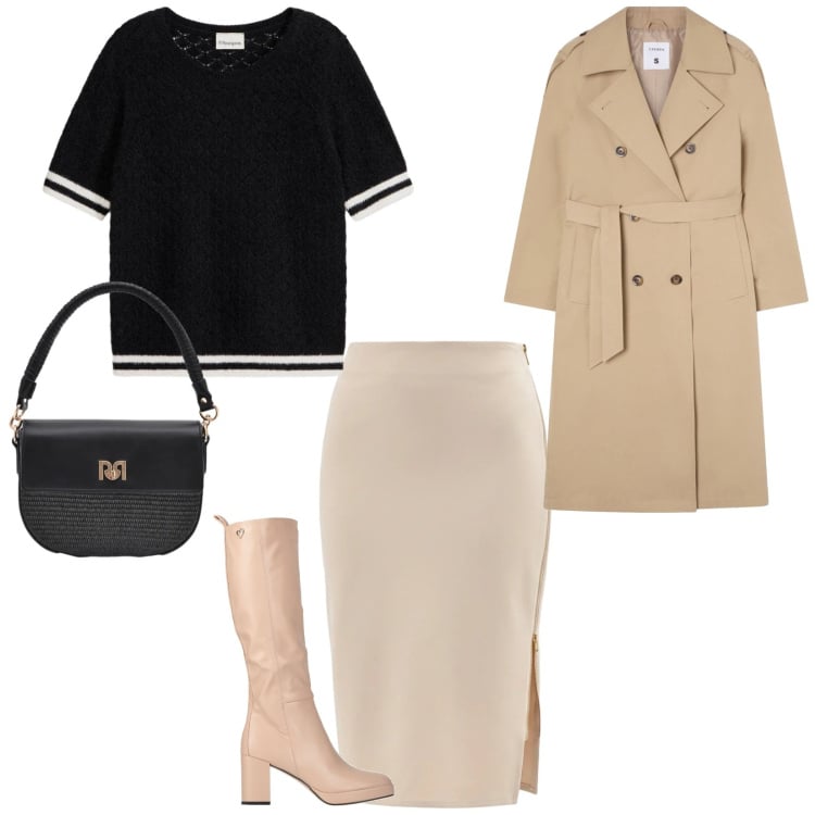 Outfit donna - Nero e beige. per Ufficio. Abbinamento con stivali, t-shirt, trench, borse a spalla, gonne longuette.