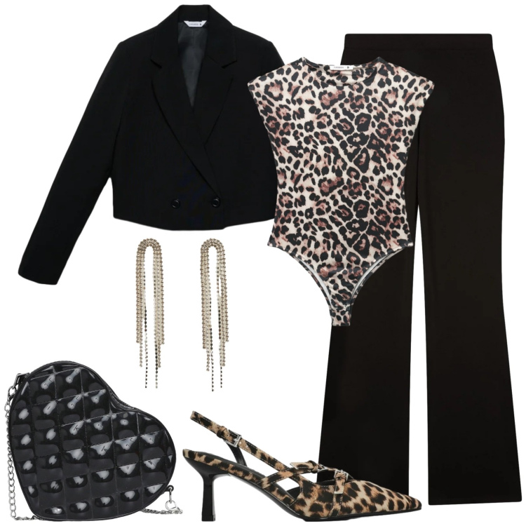 Outfit donna - Glam Events by Terranova. Stile Chic per Serata fuori. Abbinamento con orecchini, pantaloni, décolleté, blazer, top, borse a tracolla.
