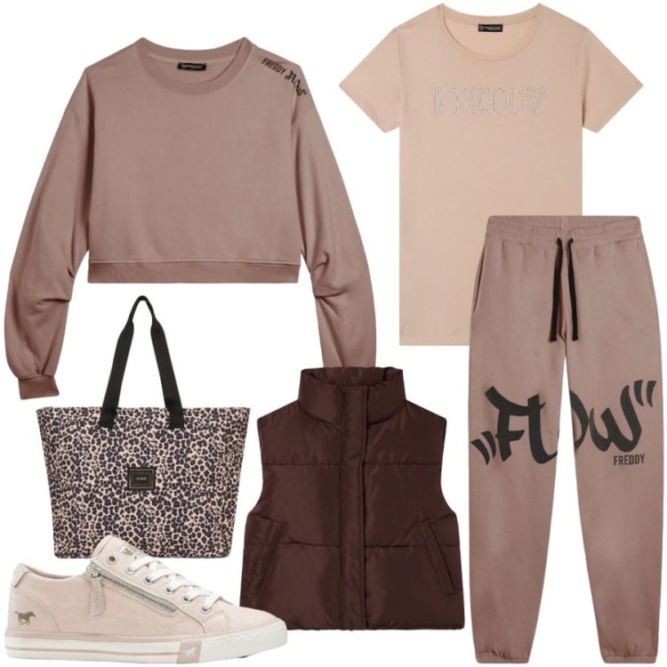 Outfit donna - Sportiva per tutti i giorni. Stile Casual per Tutti i giorni. Abbinamento con sneakers, piumini, t-shirt, pantaloni, felpe, shopping bag.