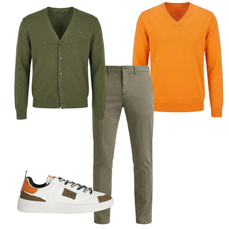 Outfit uomo - Colori a contrasto. Stile Casual per Tutti i giorni. Abbinamento con pullovers, sneakers, pantaloni chino, cardigans.