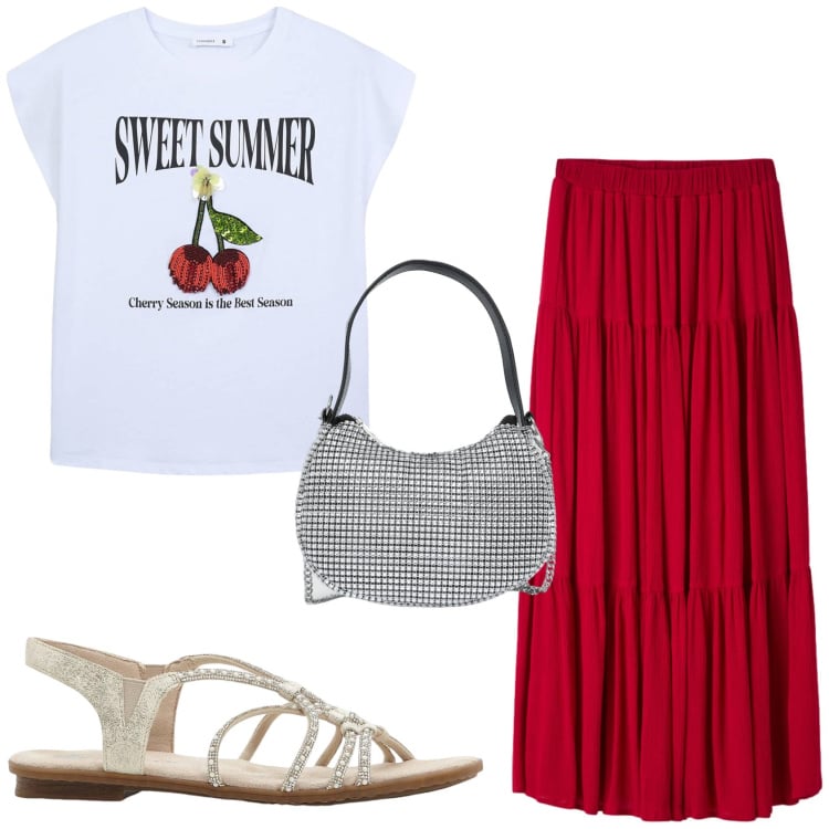 Outfit donna - Rosso ciliegia. Stile Trendy per Tutti i giorni. Abbinamento con sandali, borse a spalla, t-shirt, gonne lunghe.