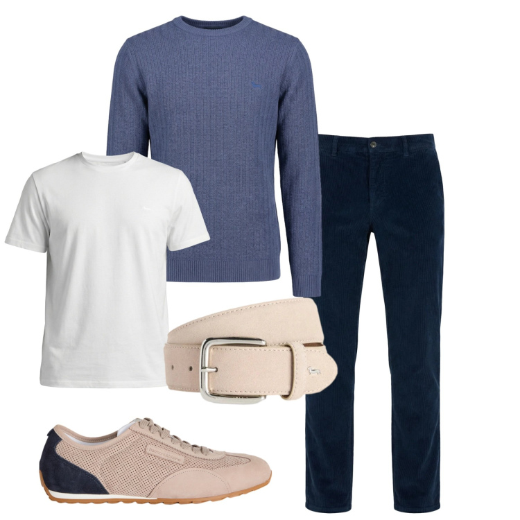 Outfit uomo - Lineare e minimal. Stile Casual per Tutti i giorni. Abbinamento con t-shirt, sneakers, cinture, pantaloni chino, pullovers.
