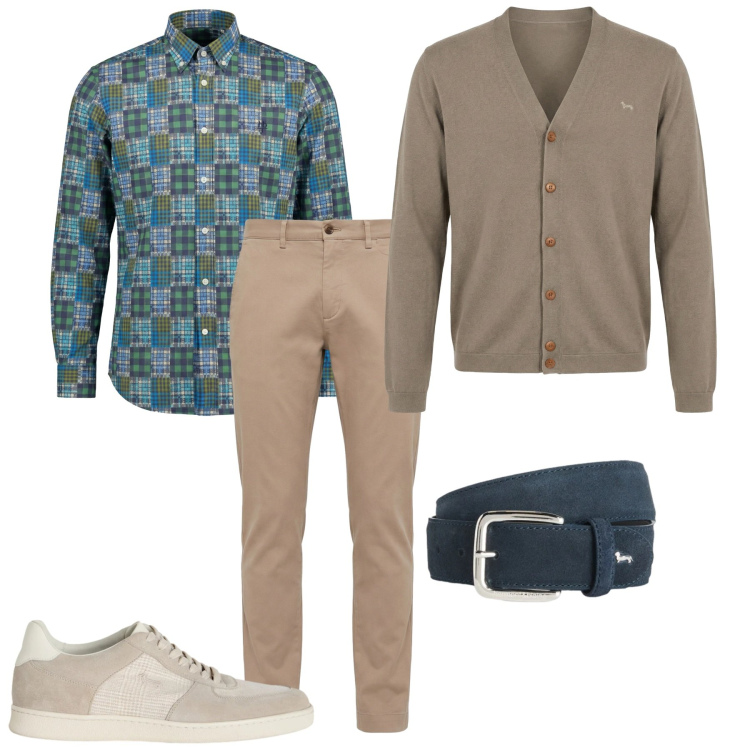 Outfit uomo - Stampe. Stile Casual per Tutti i giorni. Abbinamento con cinture, sneakers, camicie, cardigans, pantaloni chino.