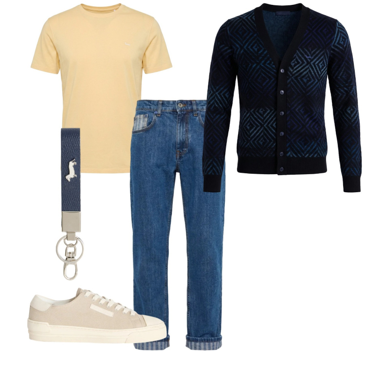 Outfit uomo - Semplice. Stile Casual per Tutti i giorni. Abbinamento con sneakers, portachiavi, jeans, t-shirt, cardigans.