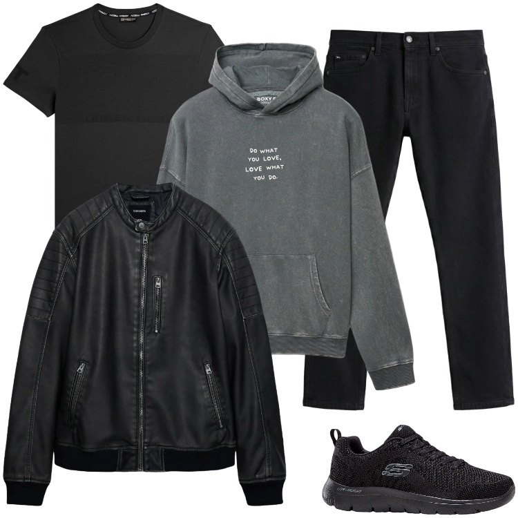 Outfit uomo - Total look #2369939. Stile Urban per Tutti i giorni. Abbinamento con sneakers, giacche, felpe con cappuccio, jeans, t-shirt.