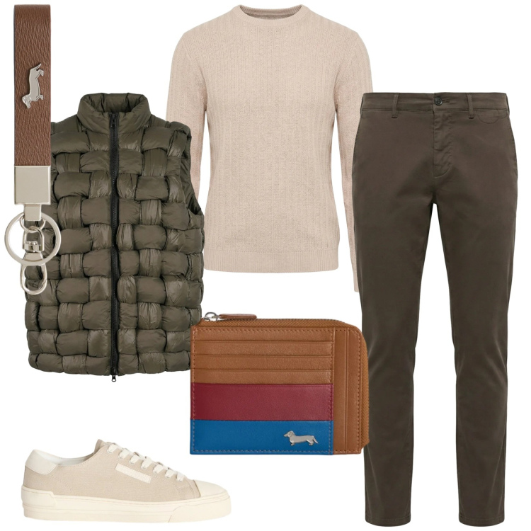 Outfit uomo - Total look #2369940. Stile Casual per Tutti i giorni. Abbinamento con portachiavi, sneakers, portamonete, pantaloni chino, pullovers, gilet.