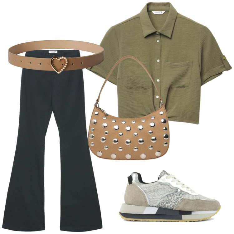 Outfit donna - Casual, primavera 2026. Stile Casual per Tutti i giorni. Abbinamento con cinture, sneakers, camicie a manica corta, jeans a zampa, borse a tracolla.