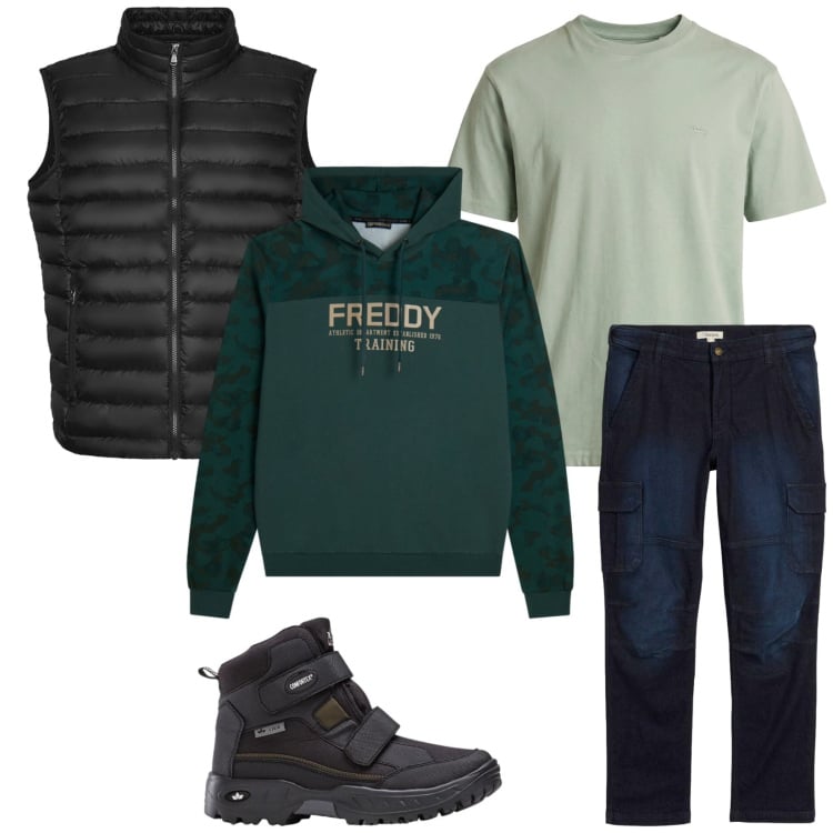 Outfit uomo - Total look #2369942. Stile Trendy per Tutti i giorni. Abbinamento con stivali e stivaletti, jeans dritti, t-shirt, felpe con cappuccio, piumini.