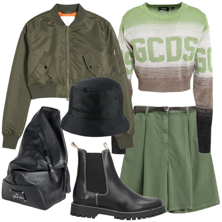 Outfit donna - Marzo ventoso. Stile Urban per Scuola/Università. Abbinamento con stivaletti chelsea, pullovers, zaini, cappelli, shorts, bomber.