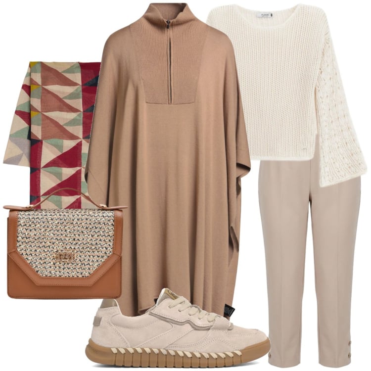 Outfit donna - Cappa Curvy style. Stile Casual chic per Ufficio. Abbinamento con cappotti, sciarpe, maglieria, pantaloni, pochette, sneakers.