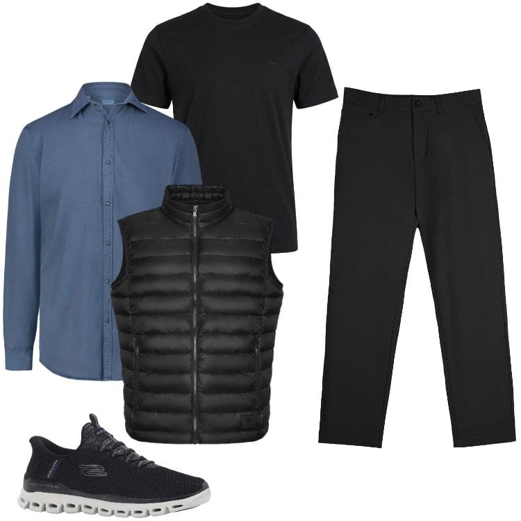 Outfit uomo - Total look #2369948. Stile Casual per Ufficio. Abbinamento con sneakers, t-shirt, pantaloni chino, piumini, camicie.