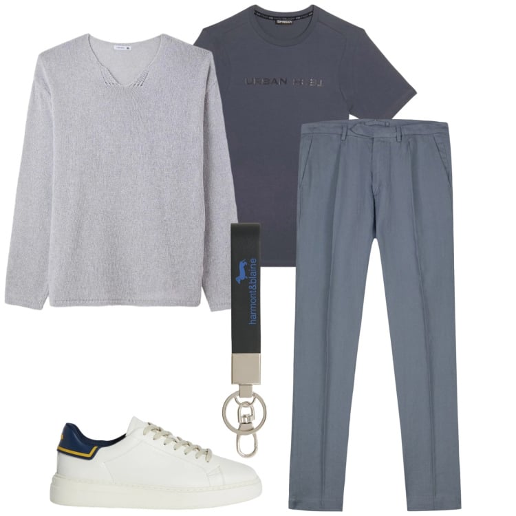 Outfit uomo - Cenere. Stile Casual per Tutti i giorni. Abbinamento con portachiavi, sneakers, t-shirt, pantaloni, maglieria.