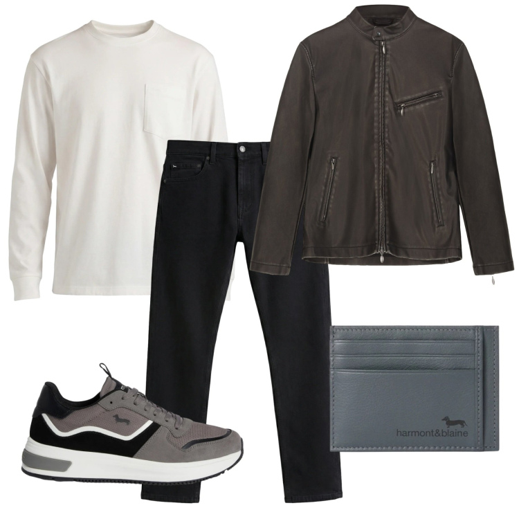 Outfit uomo - Arrivo in moto. Stile Casual per Tutti i giorni. Abbinamento con jeans, t-shirt, sneakers, portafogli, giacche.