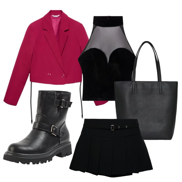 Outfit donna - Ciliegina sulla torta. Stile Rock per Serata fuori. look ideale per Petite. Abbinamento con blazer, borse tote, top, minigonne, stivaletti.