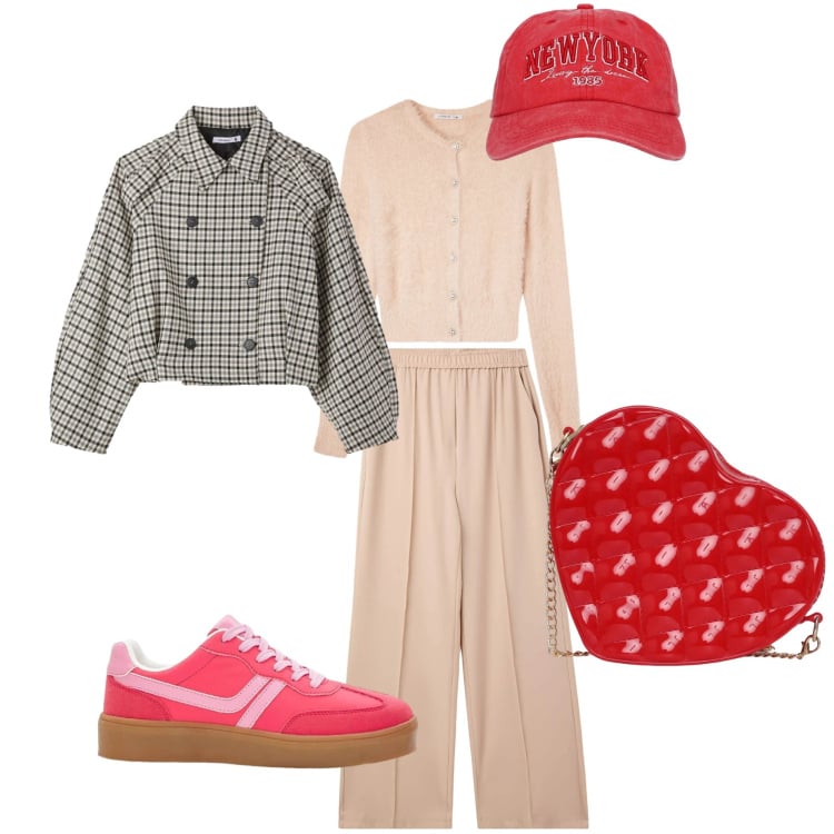 Outfit donna - Anguria - armocromia autunno/primavera. Stile Casual per Tutti i giorni. Abbinamento con sneakers, cappelli, pantaloni, cardigans, borse a tracolla, caban.