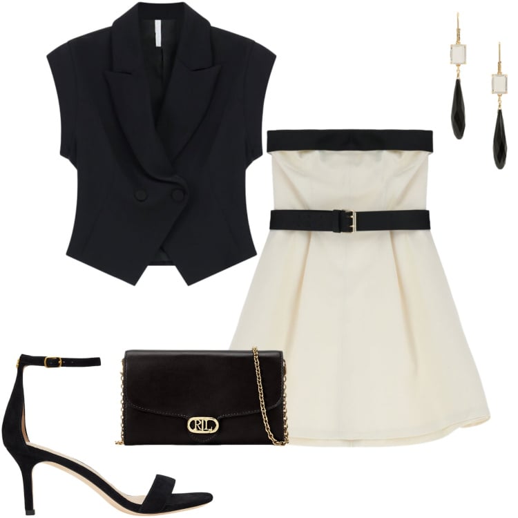 Outfit donna - Imperial New crew. Stile Chic per Cerimonia. Abbinamento con vestiti corti, gilet, borse a tracolla, orecchini, sandali in pelle.