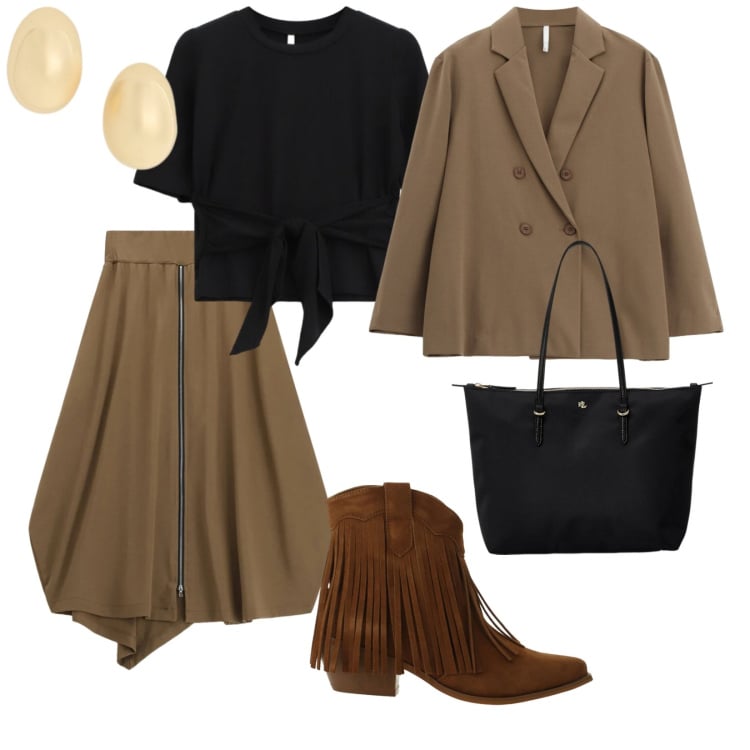 Outfit donna - Urban Imperial. per Tutti i giorni. Abbinamento con blazer, stivaletti texani, gonne longuette, t-shirt, borse tote, orecchini.