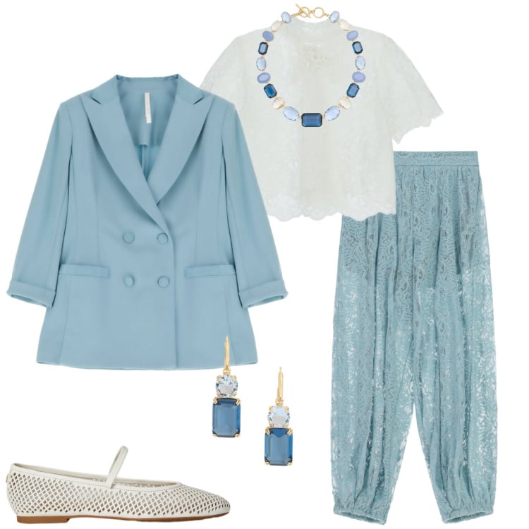 Outfit donna - Imperial New crew. Stile Chic per Cerimonia. Abbinamento con ballerine, orecchini, collane, pantaloni a palazzo, top, blazer.