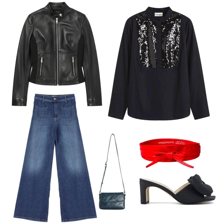 Outfit donna - Coccinella. Stile Romantica per Serata fuori. Abbinamento con tuniche, borse a tracolla, jeans, cinture, giacche, sandali col tacco.