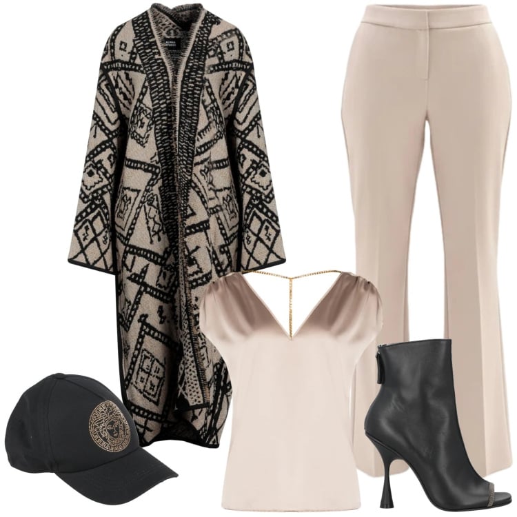 Outfit donna - Stivaletti open toe. Stile Urban per Serata fuori. Abbinamento con cardigans, cappelli con visiera, stivaletti, top, pantaloni.