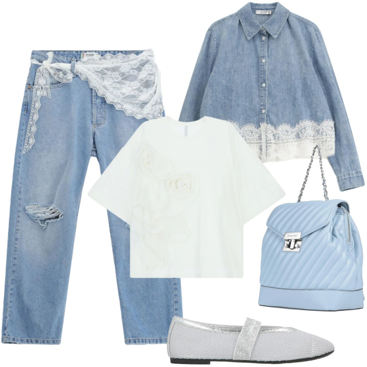 Outfit donna - In jeans e ballerine. Stile Trendy per Tutti i giorni. Abbinamento con zaini, ballerine, jeans strappati, camicie, t-shirt.