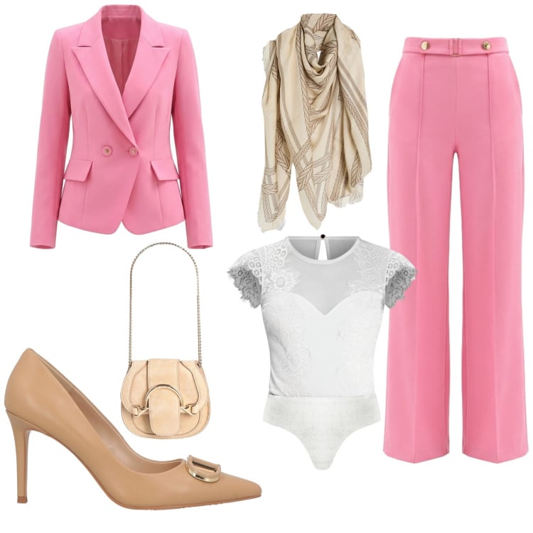 Outfit donna - La stagione più bella. Stile Chic per Serata fuori. Abbinamento con sciarpe, marsupi, décolleté, top, pantaloni a palazzo, blazer.