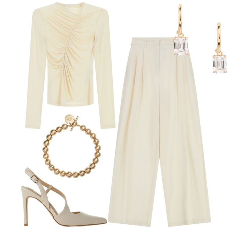 Outfit donna - Imperial - The New Crew SS 2026. Stile Chic per Serata fuori. Abbinamento con décolleté, t-shirt, pantaloni a palazzo, braccialetti, orecchini.