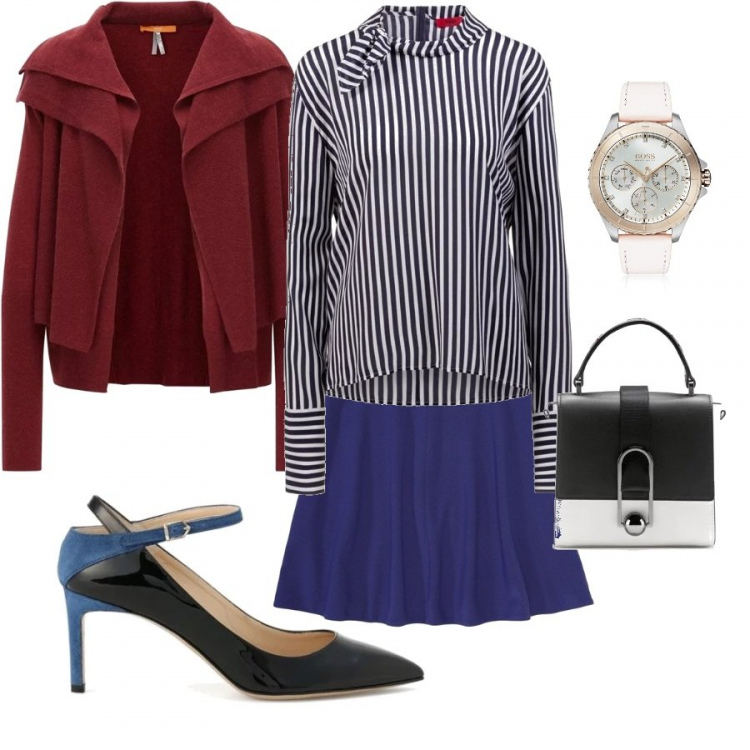 Outfit donna - In ufficio con stile. Stile Chic Abbinamento con cardigan, blusa con fiocco a righe scollatura a maniche lunghe in viscosa, décolleté con fibbia in pelle, gonna con zip in cupro nero, borsa a mano con manico effetto metallizzato argento, orologio con cinturino in acciaio inox.