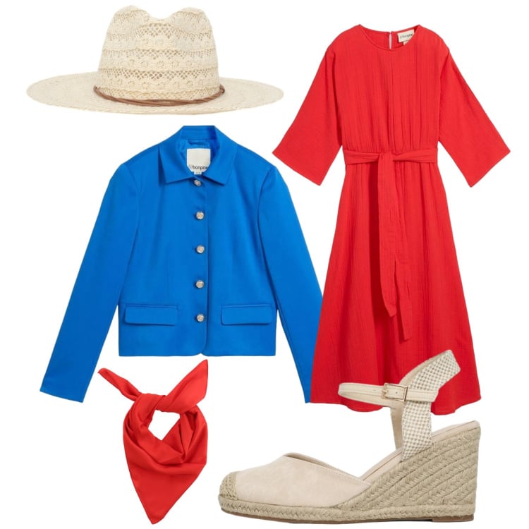 Outfit donna - Cime tempestose. Stile Preppy per Tutti i giorni. look ideale per Petite. Abbinamento con vestiti midi/longuette, blazer, cappelli, zeppe, foulard.