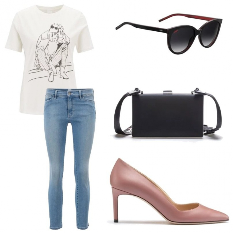 Outfit donna - Trendy #4168. Stile Trendy per Tutti i giorni. Abbinamento con t-shirt con tacco squadrato jersey, décolleté in pelle, occhiali da sole effetto acetato con zip e logo rosso, jeans skinny in denim blu, borsa a tracolla effetto vernice in cotone con logo argento.