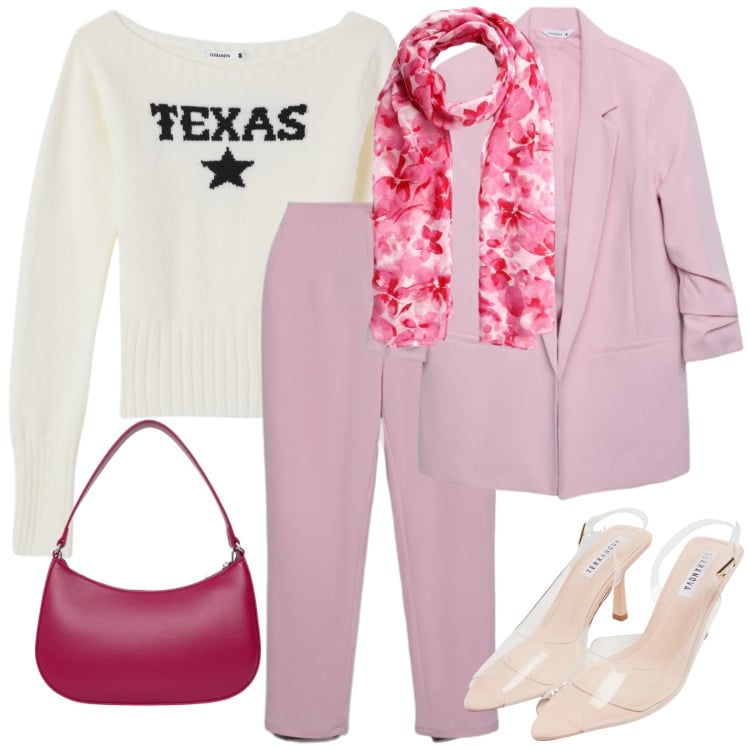 Outfit donna - Rosa pasquale. Stile Bon Ton per Cerimonia. Abbinamento con sandali col tacco, maglieria, pantaloni chino, blazer, foulard, borse a tracolla.