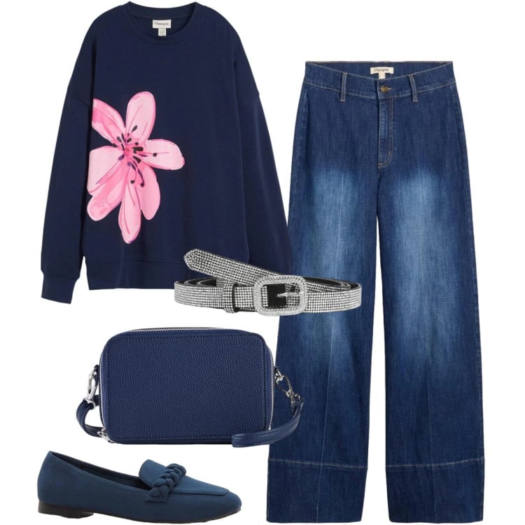 Outfit donna - Felpa col fiore rosa. Stile Basic per Tutti i giorni. Abbinamento con jeans, felpe, borse a tracolla, mocassini, cinture.