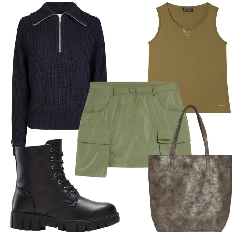 Outfit donna - Total look #2370017. Stile Military per Tutti i giorni. Abbinamento con anfibi, shopping bag, minigonne, canottiere, maglieria.
