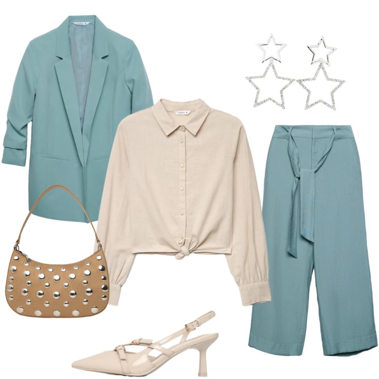 Outfit donna - Coastal Chic & Starry Night. Stile Glamour per Tutti i giorni. Abbinamento con pantaloni a palazzo, orecchini, décolleté, blazer, camicie, borse a tracolla.