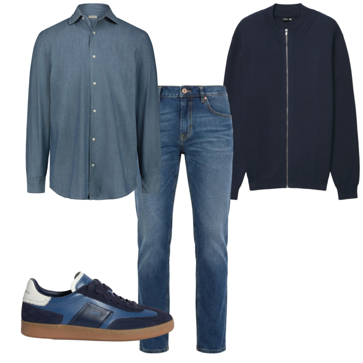 Outfit uomo - Gradazioni di blu. Stile Casual per Tutti i giorni. Abbinamento con cardigans, sneakers, jeans, camicie.