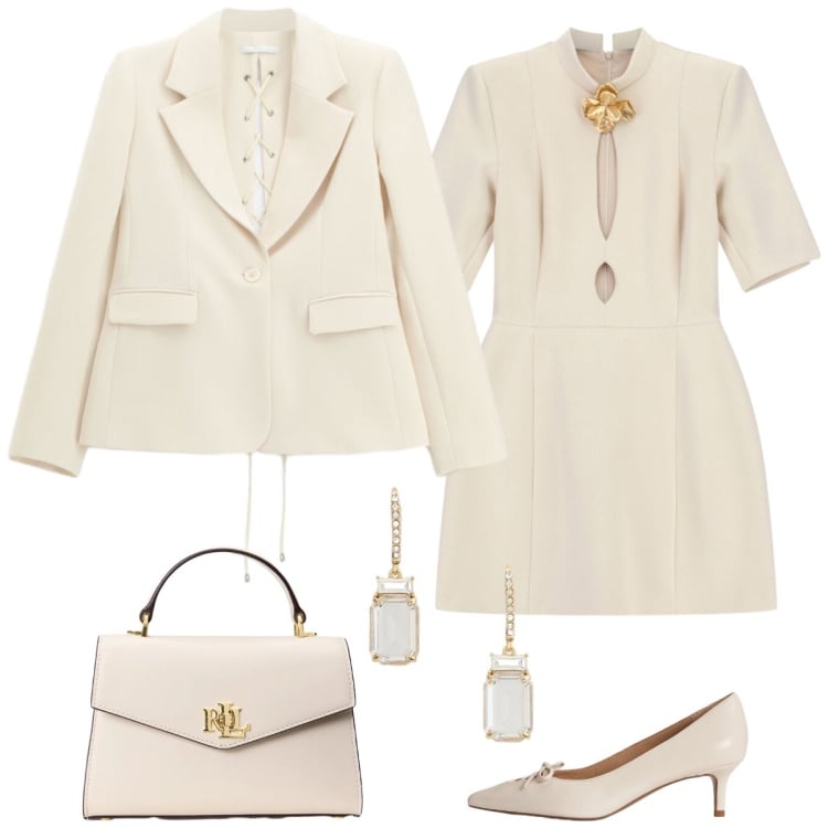 Outfit donna - Total look #2370041. Stile Chic per Cerimonia. Abbinamento con vestiti corti, blazer, orecchini, borse a mano, décolleté.