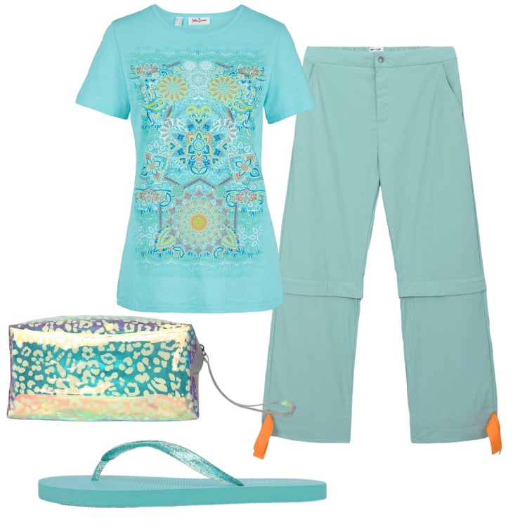 Outfit donna - Total look #2370045. Stile Basic per Mare. Abbinamento con t-shirt, pantaloni cargo, infradito, pochette.