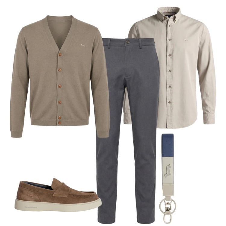 Outfit uomo - Il cardigan maschile. Stile Casual per Tutti i giorni. Abbinamento con portachiavi, scarpe stringate, pantaloni chino, cardigans, camicie.