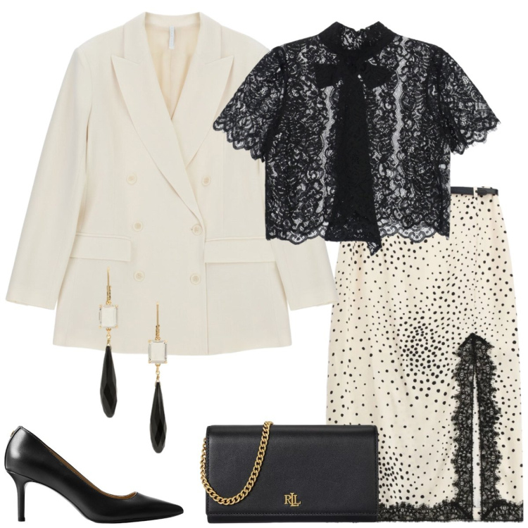 Outfit donna - Total look #2370049. Stile Chic per Cerimonia. Abbinamento con gonne longuette, top, blazer, borse a tracolla, décolleté, orecchini.