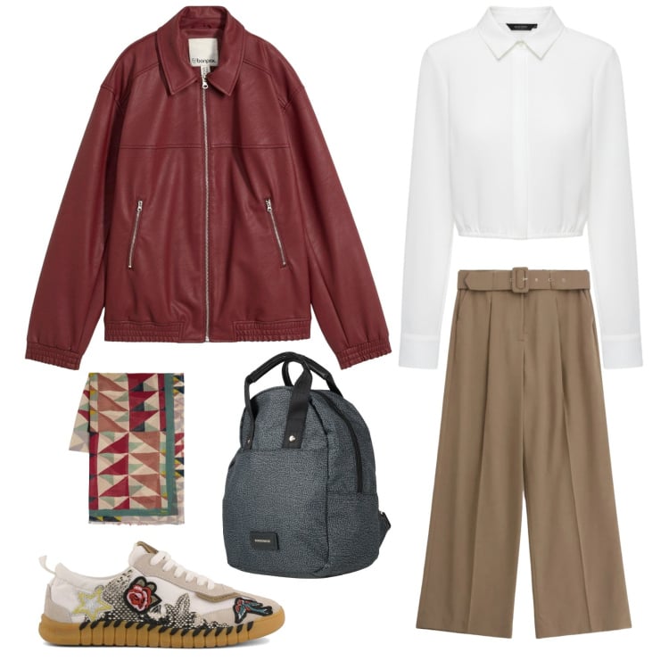 Outfit donna - Springy. Stile Casual chic per Tutti i giorni. Abbinamento con zaini, blazer, sciarpe, pantaloni a palazzo, camicie, sneakers.