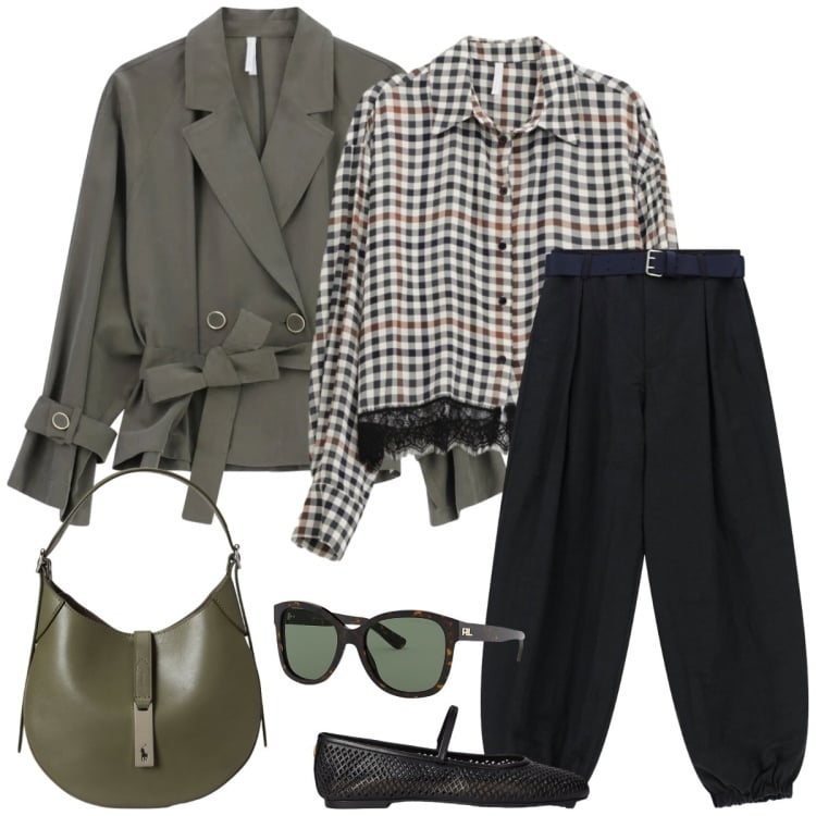 Outfit donna - Total look #2370054. Stile Casual chic per Tutti i giorni. Abbinamento con camicie, pantaloni, blazer, ballerine, occhiali da sole, borse a spalla.