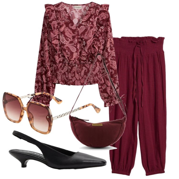 Outfit donna - Total look #2370057. Stile Romantica per Serata fuori. Abbinamento con bluse, occhiali da sole, pantaloni, décolleté, borse a tracolla.