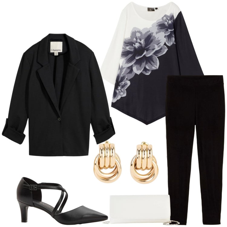 Outfit donna - Total look #2370060. Stile Chic per Serata fuori. Abbinamento con maglieria, blazer, leggings, pochette, orecchini, décolleté.