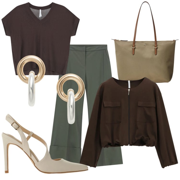 Outfit donna - Toni raccolti. Stile Casual per Tutti i giorni. Abbinamento con décolleté, pantaloni a palazzo, bomber, bluse, borse tote, orecchini.