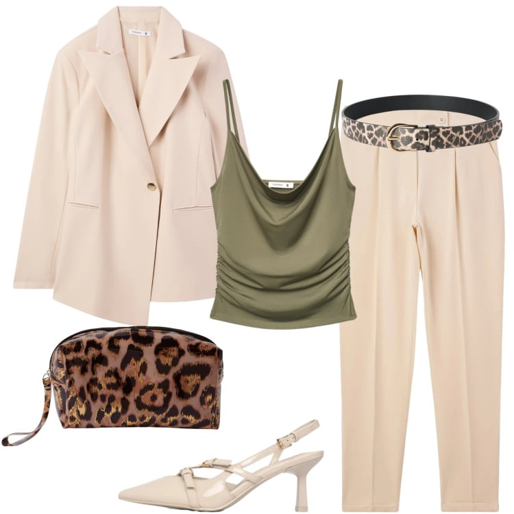 Outfit donna - Terranova il completo. Stile Casual chic per Tutti i giorni. Abbinamento con canottiere, blazer, pantaloni chino, cinture, décolleté, pochette.