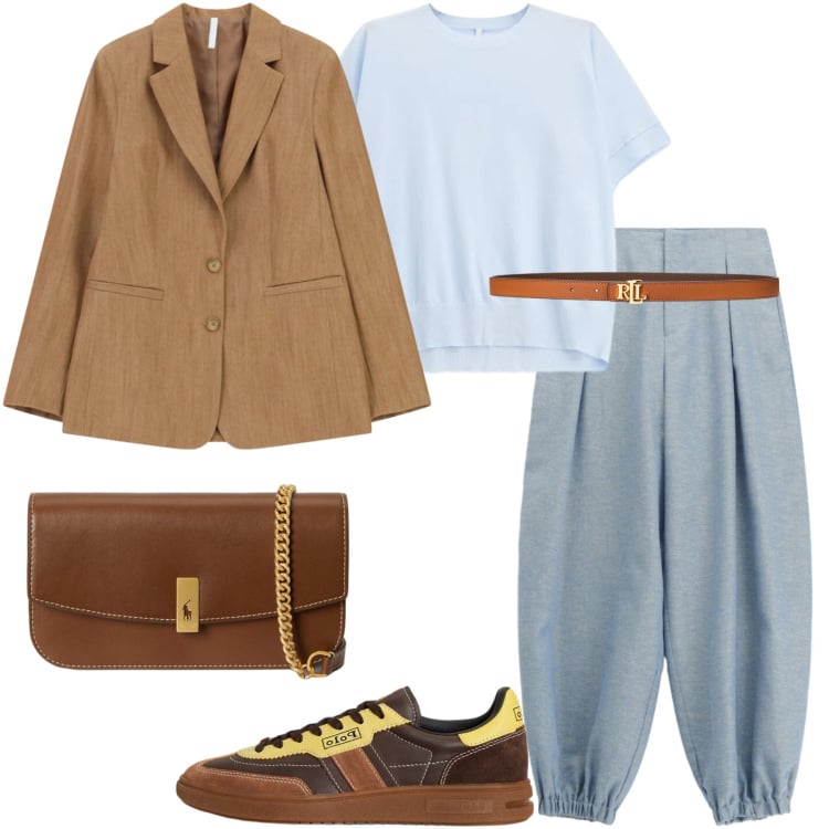 Outfit donna - Imperial primavera. Stile Glamour per Tutti i giorni. Abbinamento con t-shirt, pantaloni, blazer, clutch, sneakers, cinture.