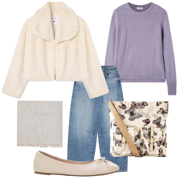 Outfit donna - Ida in ufficio. Stile Casual chic per Ufficio. Abbinamento con borse a tracolla, ballerine, maglieria, ecopellicce, jeans, sciarpe.